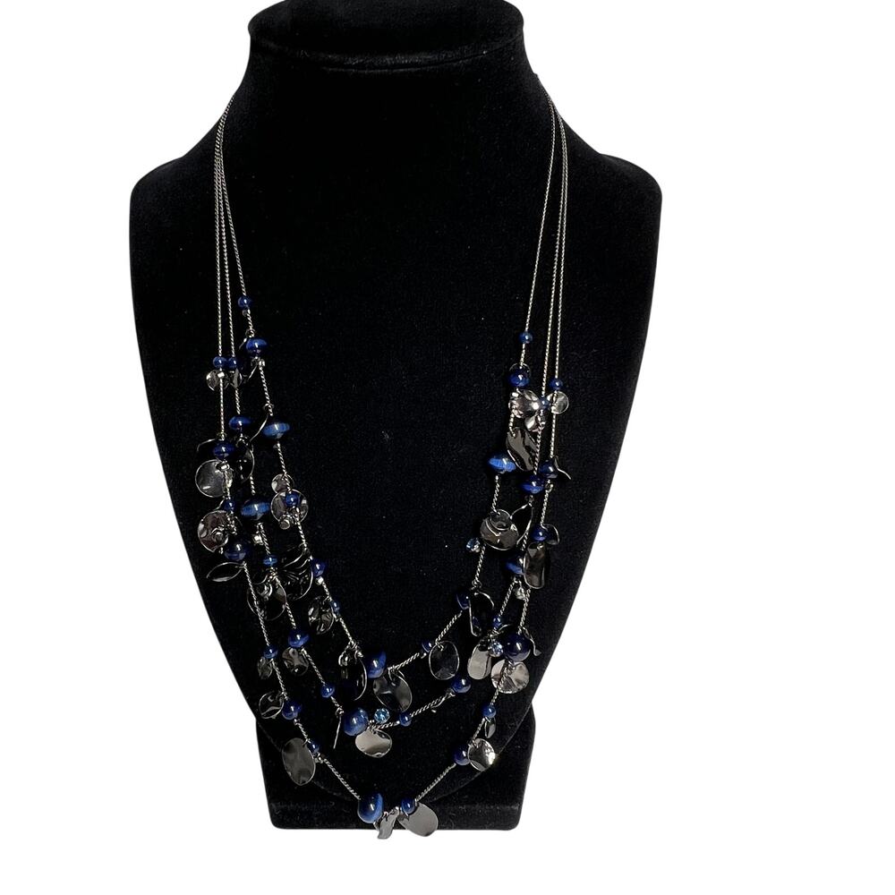 Layered Statement Necklace Blue Silver Tone Disc Beads Adjustable Lobster Clasp